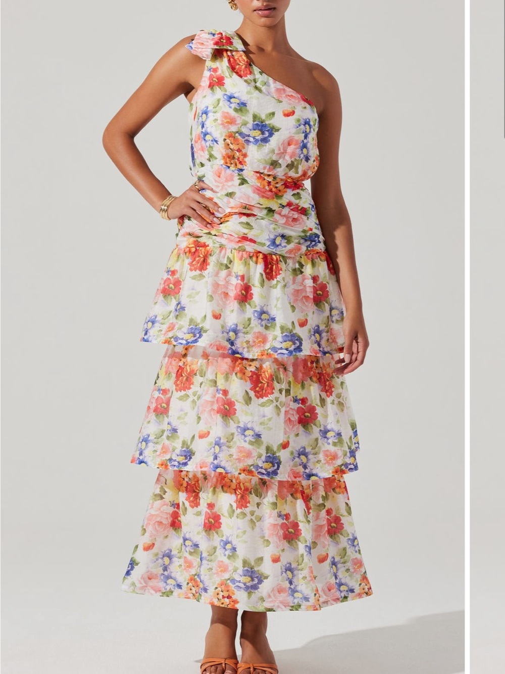 Astr One-Shoulder Tiered Floral Maxi Dress - White with Coral & Blue